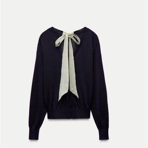 ZARA Navy Sheer Knit Bow Back Sweater Size L